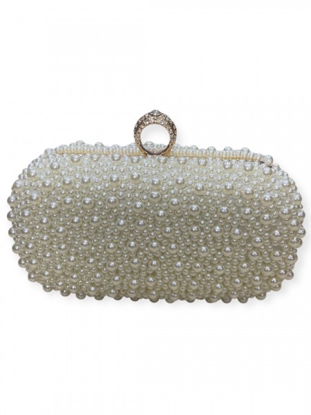 Λευκή τσάντα clutch με πέρλες και στρασένιο κούμπωμα Romina exclusive