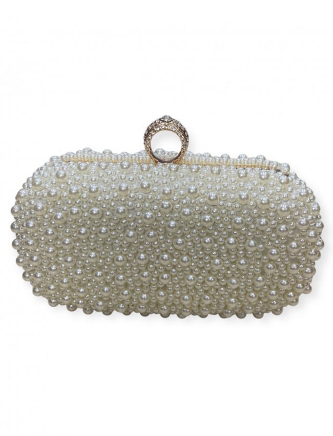 Λευκή τσάντα clutch με πέρλες και στρασένιο κούμπωμα Romina exclusive