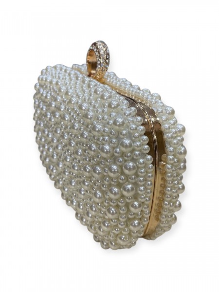 Λευκή τσάντα clutch με πέρλες και στρασένιο κούμπωμα Romina exclusive