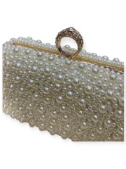 Λευκή τσάντα clutch με πέρλες και στρασένιο κούμπωμα Romina exclusive