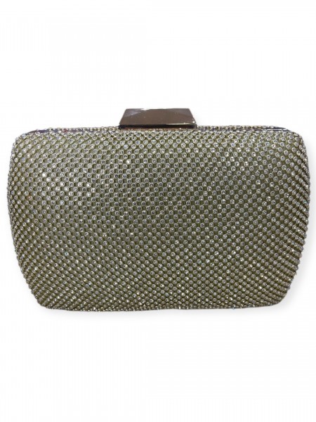 Χρυσό τσαντάκι clutch με strass εξωτερικά και αποσπώμενη αλυσίδα Romina exclusive