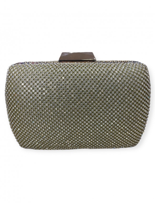 Χρυσό τσαντάκι clutch με strass εξωτερικά και αποσπώμενη αλυσίδα Romina exclusive