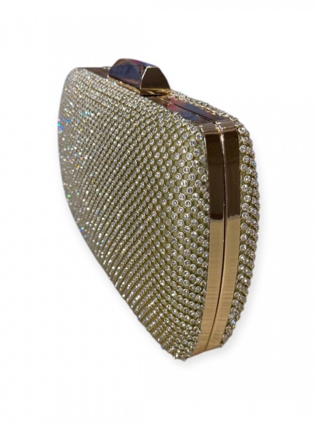 Χρυσό τσαντάκι clutch με strass εξωτερικά και αποσπώμενη αλυσίδα Romina exclusive