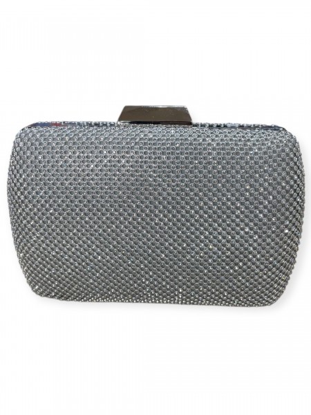 Ασημί τσαντάκι clutch με strass εξωτερικά και αποσπώμενη αλυσίδα Romina exclusive