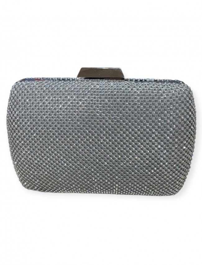 Ασημί τσαντάκι clutch με strass εξωτερικά και αποσπώμενη αλυσίδα Romina exclusive