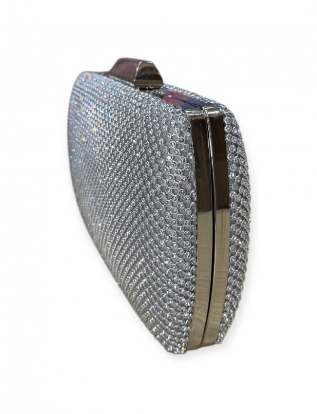 Ασημί τσαντάκι clutch με strass εξωτερικά και αποσπώμενη αλυσίδα Romina exclusive