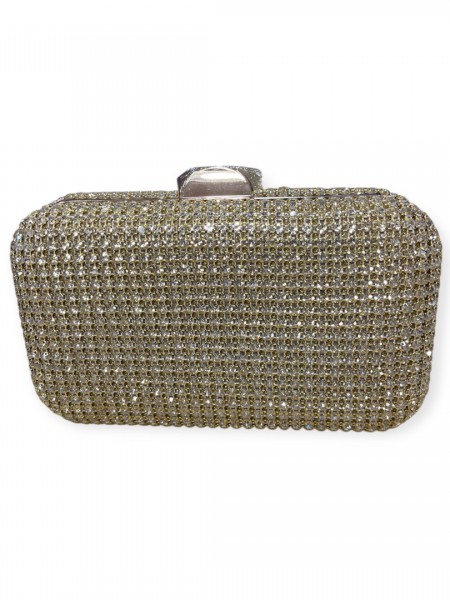 Χρυσή τσάντα clutch με εκωτερικά strass με αποσπώμενο σταθερό χεράκι και αποσπώμενη μακριά αλυσίδα Romina exclusive