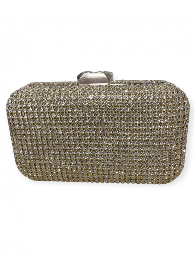 Χρυσή τσάντα clutch με εκωτερικά strass με αποσπώμενο σταθερό χεράκι και αποσπώμενη μακριά αλυσίδα Romina exclusive