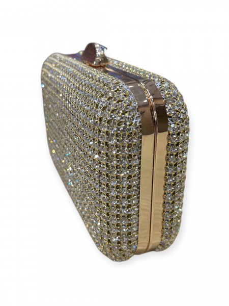 Χρυσή τσάντα clutch με εκωτερικά strass με αποσπώμενο σταθερό χεράκι και αποσπώμενη μακριά αλυσίδα Romina exclusive