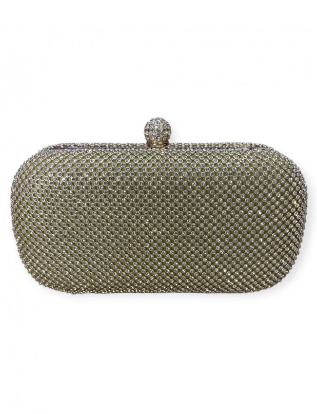 Χρυσό clutch τσαντάκι με εξωτερικά strass και αποσπώμενη αλυσίδα Romina exclusive