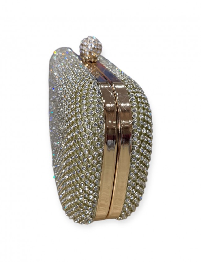 Χρυσό clutch τσαντάκι με εξωτερικά strass και αποσπώμενη αλυσίδα Romina exclusive