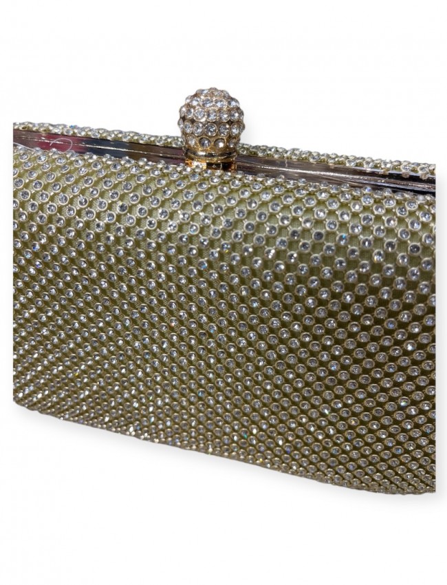 Χρυσό clutch τσαντάκι με εξωτερικά strass και αποσπώμενη αλυσίδα Romina exclusive