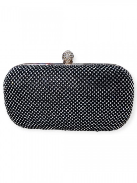 Μαύρο-ασημί clutch τσαντάκι με εξωτερικά strass και αποσπώμενη αλυσίδα Romina exclusive