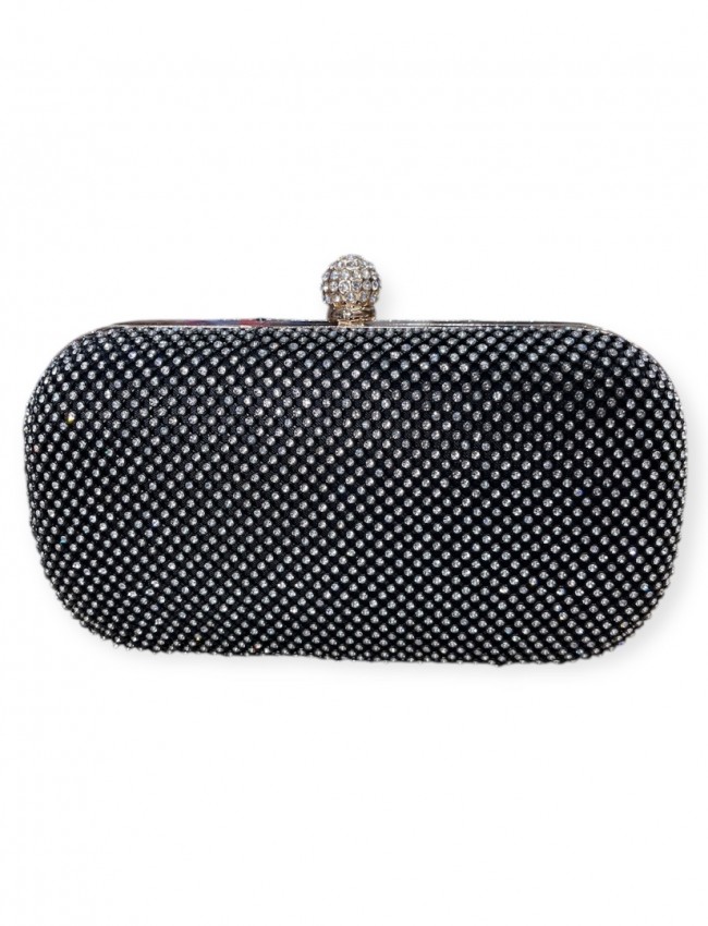 Μαύρο-ασημί clutch τσαντάκι με εξωτερικά strass και αποσπώμενη αλυσίδα Romina exclusive