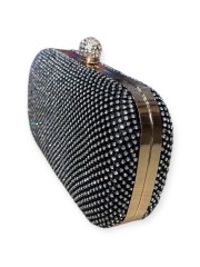 Μαύρο-ασημί clutch τσαντάκι με εξωτερικά strass και αποσπώμενη αλυσίδα Romina exclusive