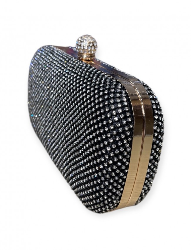 Μαύρο-ασημί clutch τσαντάκι με εξωτερικά strass και αποσπώμενη αλυσίδα Romina exclusive