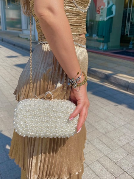 Λευκή τσάντα clutch με πέρλες και στρασένιο κούμπωμα Romina exclusive