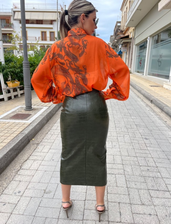 Χακί ψηλόμεση midi faux-leather croco φούστα σε ίσια γραμμή, χωρίς τσέπες και μπροστινό άνοιγμα Romina exclusive