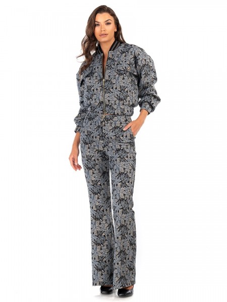 Floral printed μπλε ψηλόμεσο παντελόνι καμπάνα, με χρυσοτυπία, πλάγιες τσέπες και κλείσιμο με κουμπί και κρυφό φερμουάρ μπροστά We coss 