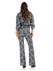 Floral printed μπλε ψηλόμεσο παντελόνι καμπάνα, με χρυσοτυπία, πλάγιες τσέπες και κλείσιμο με κουμπί και κρυφό φερμουάρ μπροστά We coss 