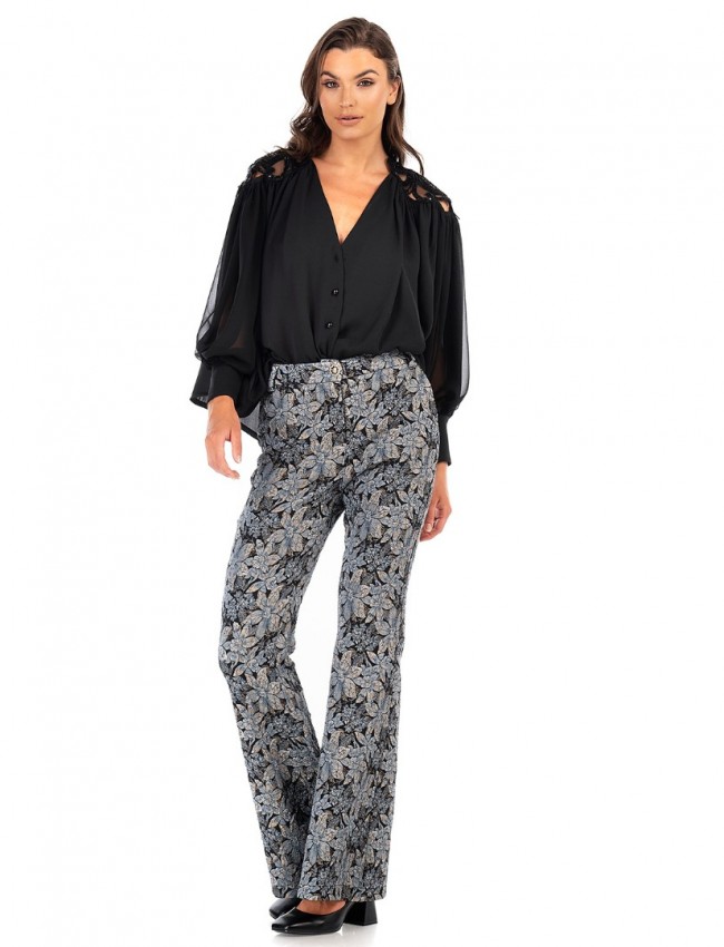 Floral printed μπλε ψηλόμεσο παντελόνι καμπάνα, με χρυσοτυπία, πλάγιες τσέπες και κλείσιμο με κουμπί και κρυφό φερμουάρ μπροστά We coss 