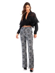 Floral printed μπλε ψηλόμεσο παντελόνι καμπάνα, με χρυσοτυπία, πλάγιες τσέπες και κλείσιμο με κουμπί και κρυφό φερμουάρ μπροστά We coss 