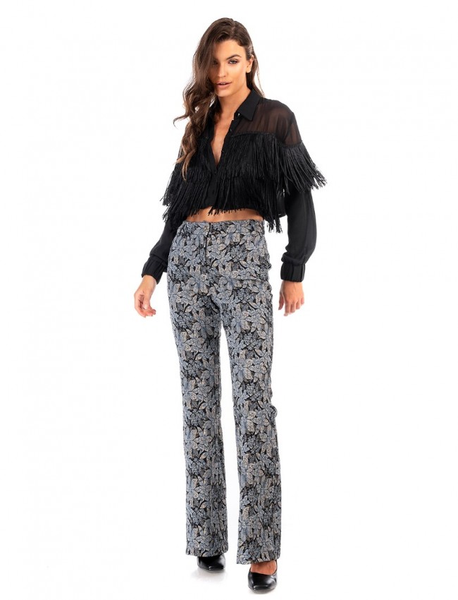 Floral printed μπλε ψηλόμεσο παντελόνι καμπάνα, με χρυσοτυπία, πλάγιες τσέπες και κλείσιμο με κουμπί και κρυφό φερμουάρ μπροστά We coss 