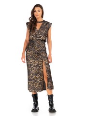 Animal printed bronze ψηλόμεση midi φούστα σε ίσια γραμμή, μπροστινές μικρές σούρες, σκίσιμο και κλείσιμο με κρυφό φερμουάρ στο πλάι We Coss