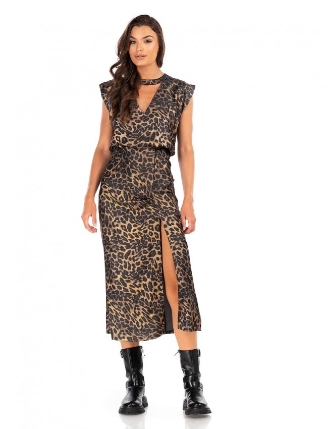 Animal printed bronze ψηλόμεση midi φούστα σε ίσια γραμμή, μπροστινές μικρές σούρες, σκίσιμο και κλείσιμο με κρυφό φερμουάρ στο πλάι We Coss