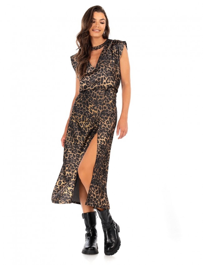 Animal printed bronze ψηλόμεση midi φούστα σε ίσια γραμμή, μπροστινές μικρές σούρες, σκίσιμο και κλείσιμο με κρυφό φερμουάρ στο πλάι We Coss