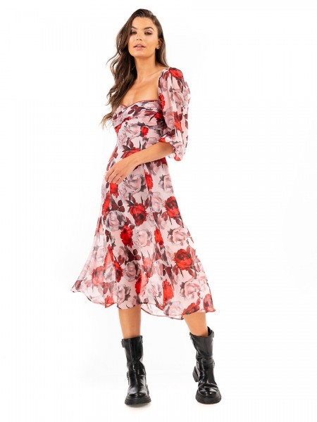Floral printed κόκκινο μακρυμάνικο midi φόρεμα, σε κλος γραμμή, 3/4 μανίκια, ανοιχτή χαμόγελο λαιμόκοψη και κλείσιμο με κρυφό φερμουάρ πίσω We coss 