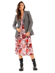 Floral printed κόκκινο μακρυμάνικο midi φόρεμα, σε κλος γραμμή, 3/4 μανίκια, ανοιχτή χαμόγελο λαιμόκοψη και κλείσιμο με κρυφό φερμουάρ πίσω We coss 
