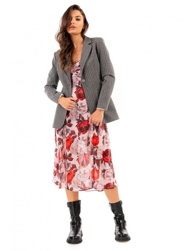 Floral printed κόκκινο μακρυμάνικο midi φόρεμα, σε κλος γραμμή, 3/4 μανίκια, ανοιχτή χαμόγελο λαιμόκοψη και κλείσιμο με κρυφό φερμουάρ πίσω We coss 
