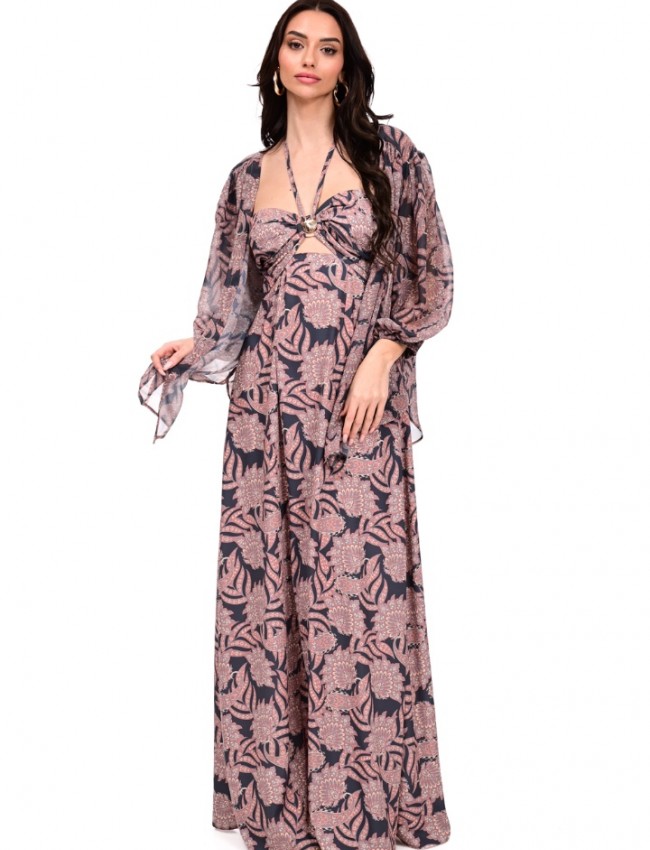 Εμπριμέ μαύρο αμάνικο maxi strapless φόρεμα με χρυσό κοχύλι και τρύπα στο μπούστο, δέσιμο με κορδόνι στον λαιμό και κλείσιμο με φερμουάρ και λάστιχο στην πλάτη We Coss