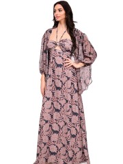 Εμπριμέ μαύρο αμάνικο maxi strapless φόρεμα με χρυσό κοχύλι και τρύπα στο μπούστο, δέσιμο με κορδόνι στον λαιμό και κλείσιμο με φερμουάρ και λάστιχο στην πλάτη We Coss
