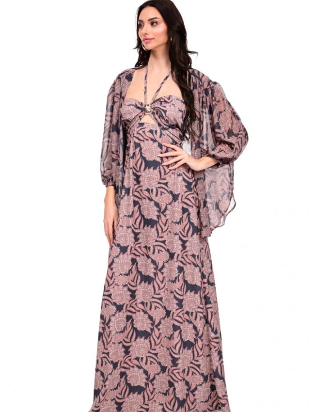 Εμπριμέ μαύρο αμάνικο maxi strapless φόρεμα με χρυσό κοχύλι και τρύπα στο μπούστο, δέσιμο με κορδόνι στον λαιμό και κλείσιμο με φερμουάρ και λάστιχο στην πλάτη We Coss