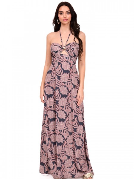 Εμπριμέ μαύρο αμάνικο maxi strapless φόρεμα με χρυσό κοχύλι και τρύπα στο μπούστο, δέσιμο με κορδόνι στον λαιμό και κλείσιμο με φερμουάρ και λάστιχο στην πλάτη We Coss