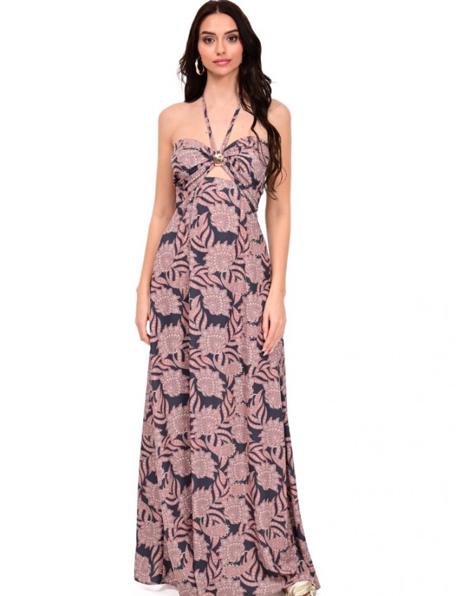 Εμπριμέ μαύρο αμάνικο maxi strapless φόρεμα με χρυσό κοχύλι και τρύπα στο μπούστο, δέσιμο με κορδόνι στον λαιμό και κλείσιμο με φερμουάρ και λάστιχο στην πλάτη We Coss
