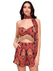 Εμπριμέ εκάι strapless cropped μπλούζα με σταθερό ύφασμα, χρυσά κρόσσια στο τελείωμα και κλείσιμο με φερμουάρ και λάστιχο στην πλάτη We Coss