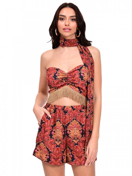 Εμπριμέ εκάι strapless cropped μπλούζα με σταθερό ύφασμα, χρυσά κρόσσια στο τελείωμα και κλείσιμο με φερμουάρ και λάστιχο στην πλάτη We Coss