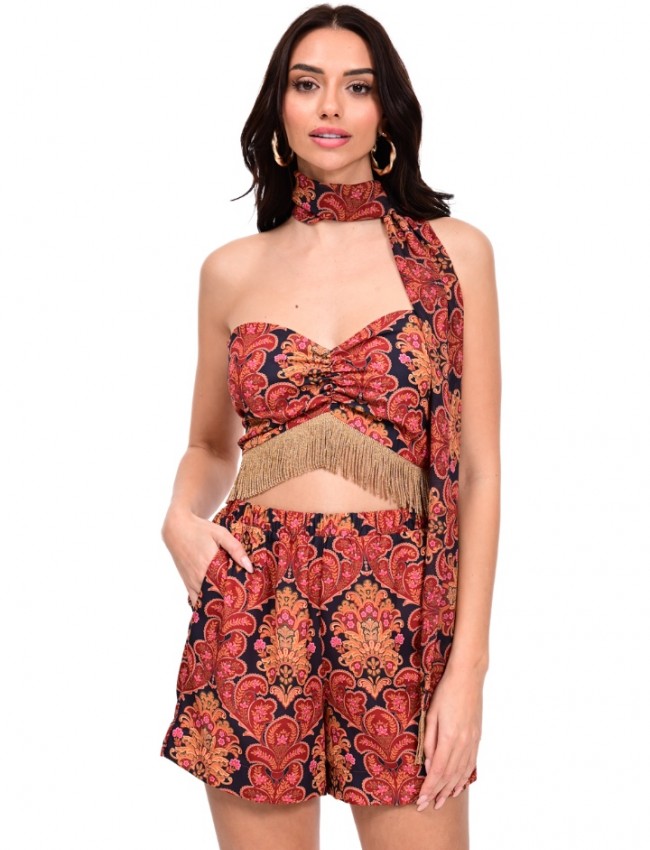 Εμπριμέ εκάι strapless cropped μπλούζα με σταθερό ύφασμα, χρυσά κρόσσια στο τελείωμα και κλείσιμο με φερμουάρ και λάστιχο στην πλάτη We Coss