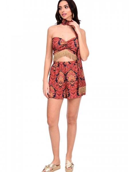 Εμπριμέ εκάι strapless cropped μπλούζα με σταθερό ύφασμα, χρυσά κρόσσια στο τελείωμα και κλείσιμο με φερμουάρ και λάστιχο στην πλάτη We Coss