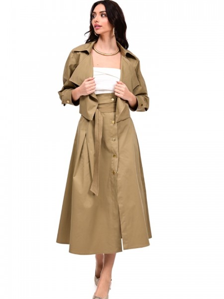 Λαδί βαμβακερό cropped jacket, σε χαλαρή γραμμή, με μεγάλο πέτο γιακά και χωρίς κουμπιά We Coss 