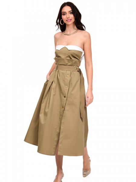 Λαδί βαμβακερή cropped strapless μπλούζα, με λευκή λεπτομέρεια στο πάνω μέρος, λάστιχο στην πλάτη και κλείσιμο με χρυσό εξωτερικό φερμουάρ We Coss
