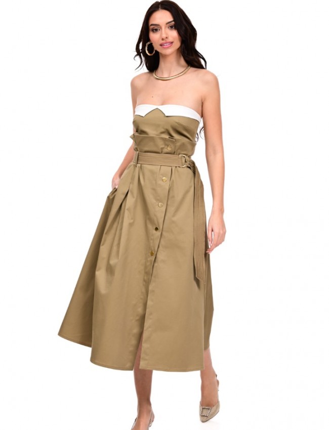 Λαδί βαμβακερή cropped strapless μπλούζα, με λευκή λεπτομέρεια στο πάνω μέρος, λάστιχο στην πλάτη και κλείσιμο με χρυσό εξωτερικό φερμουάρ We Coss Λαδί βαμβακερή cropped strapless μπλούζα, με λευκή λεπτομέρεια στο πάνω μέρος, λάστιχο στην πλάτη και κλείσιμο με χρυσό εξωτερικό φερμουάρ We Coss