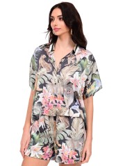 Floral printed χακί ψηλόμεσο σατέν σορτς , σε χαλαρή γραμμή, με ριγέ lurex φάσα στο πλάι και λάστιχο στην μέση WE COSS