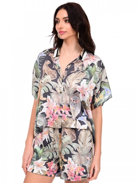 Floral printed χακί ψηλόμεσο σατέν σορτς , σε χαλαρή γραμμή, με ριγέ lurex φάσα στο πλάι και λάστιχο στην μέση WE COSS