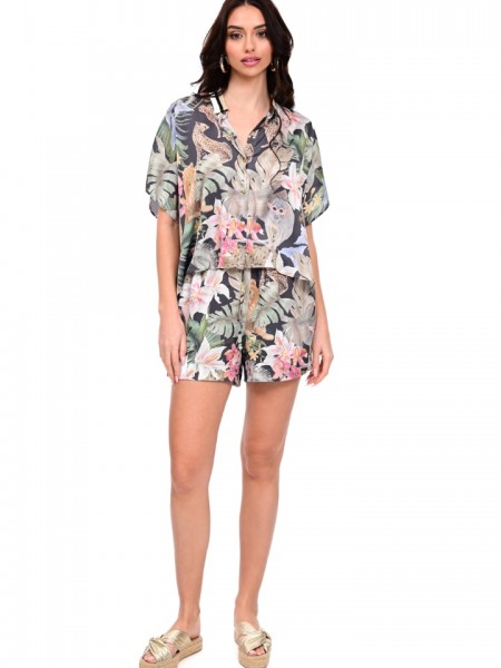 Floral printed χακί ψηλόμεσο σατέν σορτς , σε χαλαρή γραμμή, με ριγέ lurex φάσα στο πλάι και λάστιχο στην μέση WE COSS