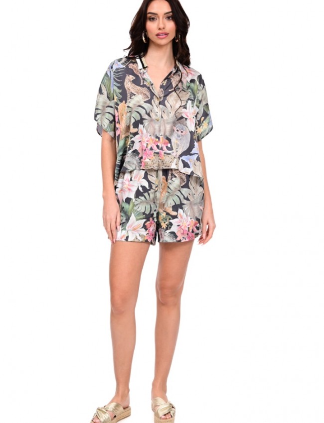 Floral printed χακί ψηλόμεσο σατέν σορτς , σε χαλαρή γραμμή, με ριγέ lurex φάσα στο πλάι και λάστιχο στην μέση WE COSS