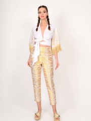 Zebra printed εκρού ζακάρ παντελόνι αστραγάλου , πλαϊνές τσέπες και λάστιχο στο πίσω μέρος We Coss